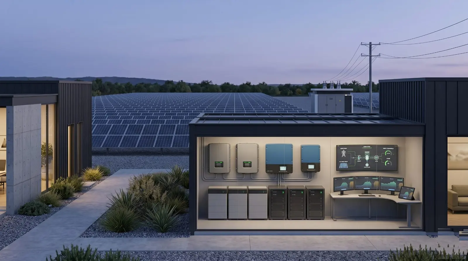 Instalación fotovoltaica THERA: módulos, inversores, baterías y sala de monitoreo